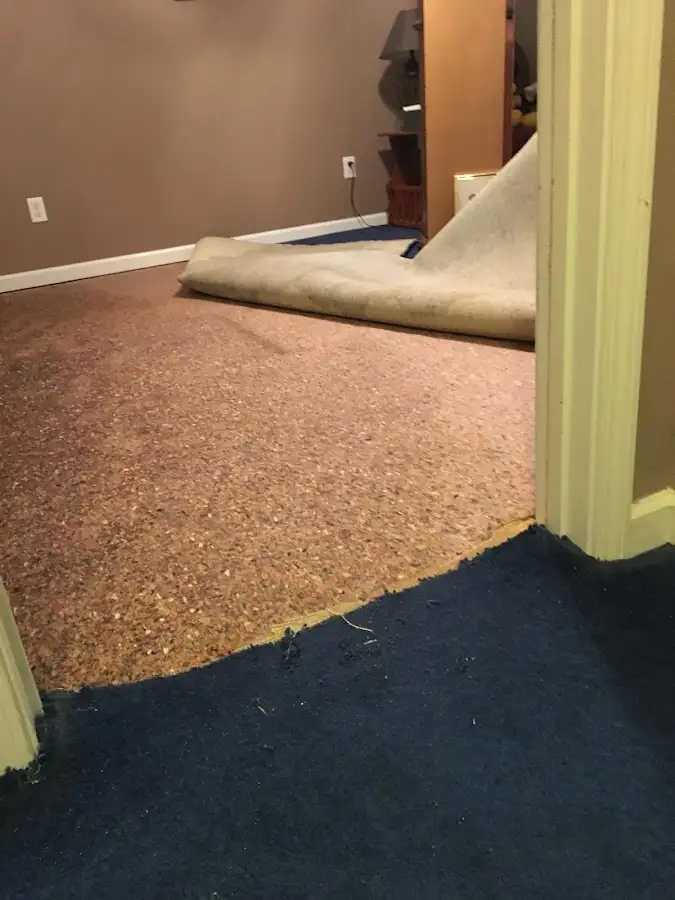 Carpet pad removal revealing water damage during Water Mitigation Services in Waipahu